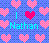 Pixelated graphic with blue checkered background, pink hearts surrounding a central cyan 'I' and 'Nathan', and one red heart symbol.