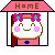 Pixel art character with pink flower headband and rosy cheeks appears in a house frame, then disappears behind brown door.