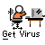 Pixel art animation of a character at a desk with computer, showing virus infection progression from small red object to full fire and collapse.