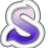 A stylized purple and pink gradient letter S with white outline on a transparent background, accompanied by scattered pixelated gray text fragments.