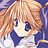 Pixelated anime-style character icon with blonde hair and blue eyes, wearing a white top with dark blue accents against a purple background.