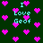 Pixelated green background with scattered pink hearts and repeated cyan text "I Love Geof" in a retro digital style.