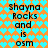 Pixelated text 'Shayna Rocks and is osm' on a repeating heart-patterned background with color variations.