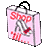 Pixelated pink shopping bag with red 'Shop' text and a doll-like figure inside, featuring black handle and gray background.