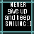 Pixelated text on black background with cyan border, displaying 'NEVER give up and keep SMILING :)' in white block letters