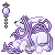 Static pixel art of a white and purple fox-like creature with multiple tails, seated beside a vertical purple and white lantern on a gray background.