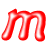 A red stylized lowercase 'm' with a glowing effect on the left side of a contact sheet, next to scattered gray pixelated shapes resembling partial letters or symbols on a white background.