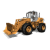Animated orange construction vehicle with large front bucket, black tires, and silver cabin rotates through multiple angles against white background.