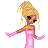 Pixel art of a blonde woman in pink gown with blue eyes, standing beside a pink dress silhouette on white background with "Prom Queen" text.