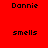 Red and magenta pixelated text displays 'Donnie' above 'smells' in two identical with background color variations
