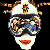 A pixelated character with goggles, a white mask-like face, and orange lips appears in multiple views against black, purple, and white backgrounds.