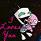 Pixelated static image of a character with large green eyes, pink hair, and dark clothing against a dark background.