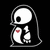 Pixel art character with white skull face, black eyes, red mouth, and long dark hooded cloak holding a small object.