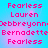 Pixelated text displays names and 'Fearless' on a blue background with pink glow effects.