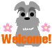 Two gray cartoon dogs with black eyes and noses, white teeth, pink flowers, and orange-to-beige 'Welcome!' text on a light gray background.