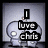 Pixelated image with a gray background showing a character holding text reading 'I luv chris' over heart-shaped patterns in green and teal.