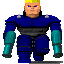Pixelated character in blue and teal armor with yellow hair, shown across multiple poses including weapon loading and firing animations.