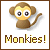 Pixelated cartoon monkey icon with yellow face and brown body, text "Monkies!" below on white background with brown border.