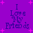 Purple background with pink plus-shaped stars and dark blue text reading "I Love My Friends" in stacked pixelated letters.