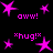 Pixelated pink star shapes and text phrases 'aww!' and '*hug!*' on a black background, with no visible motion changes.