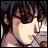 Pixelated anime-style character with dark hair and glasses, side profile against black background with stylized text.
