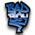 Blue and white pixelated icon with abstract shapes, black outlines, and a rounded top resembling a stylized letter or symbol.