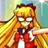 Pixelated anime-style character with long blonde hair, glasses, red bow tie, and red outfit against a blurred background.