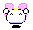 Pixel art character with pink bow, yellow star, and white ears; left view shows closed eyes and straight mouth, right view shows open mouth with purple tongue.