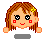 Pixel art contact sheet showing two frames of an animated AIM buddy icon featuring a cartoon girl with brown hair and red cheeks in front of gray background.