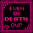 A 5x5 contact sheet of pixel art frames showing an animated icon with pink text on black backgrounds, displaying variations between "EVEN IN DEATH OUR" and "LOVE GOES ON..." phrases.