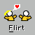 Pixel art of two yellow-shirted figures with white heads and yellow hair, showing various interactions with red hearts and a sad face emoji above them.