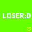 Green background with white pixelated text 'LOSER:D' repeated twice and two yellow heart symbols below.