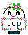 Pixelated character with white face, black eyes, pink mouth, green leaf crown, and colorful flower border holding sign reading 'top' on gray background.