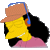 Pixelated cartoon character wearing a brown hat, yellow shirt, black pants, and pink shoes with blue straps on the sides.
