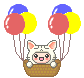 Pixelated character in brown basket with red, yellow, and blue balloons; character has white fur, pink inner ears, and changes facial expression across frames.