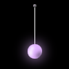 A series of six animated frames showing a light purple sphere suspended from a thin white line against a black background, with the sphere's position and the line's angle changing across frames.
