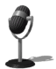 Animated black-and-white microphone icon with rotating head, showing three distinct angles