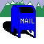 Blue mailbox with 'MAIL' text, orange character punching it, explosions in yellow and red, green trees on background.