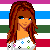 Pixel art contact sheet showing multiple frames of an animated buddy icon featuring a cartoon woman with brown hair in various poses and outfits against striped backgrounds.