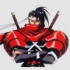 Animated sequence shows a character in red armor with crossed swords, transitioning from masked to unmasked face against changing backgrounds.