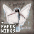 A static icon of a white paper bird with brown wing bands and black eyes, standing on a light blue base against a gray background with faint text.