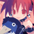 Pixelated anime-style character with pink hair and blue outfit against a gradient background, featuring visible dithering and color blending effects.