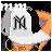 Pixelated character in orange skin tone wearing white crop top, black shorts with 'NY' logo, and gray cap with 'M' logo; heart symbol on white background.