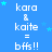 Blue background with repeated white text 'kara & kaite = bffs!!' and light blue stars, showing animation of text and star positions changing across frames.