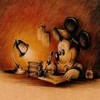 A cartoon character with large ears and a round face lies on a wooden surface, holding a small object near its mouth against a warm brown background.