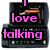 A four- of pixelated phone icons with text overlays: 'love' and 'talking' in pink, 'on the phone' in white, and 'mike' in blue