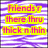 Static image with purple and white striped background displaying pink text on yellow outlines arranged in four