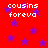 Red background with scattered purple stars and repeated white text reading 'cousins foreva' in four quadrants.
