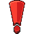 Red pixelated exclamation mark with black outline on gray background, vertically oriented with rounded base.