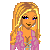 Pixel art of a blonde woman in pink flared pantsuit with blue eyes, silver earrings, and orange shoes; separate torso view shows white shirt and gray tie.
